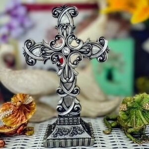 All For Giving Ornate Antiqued Silvertone Resin Decorative Cross. Scroll.